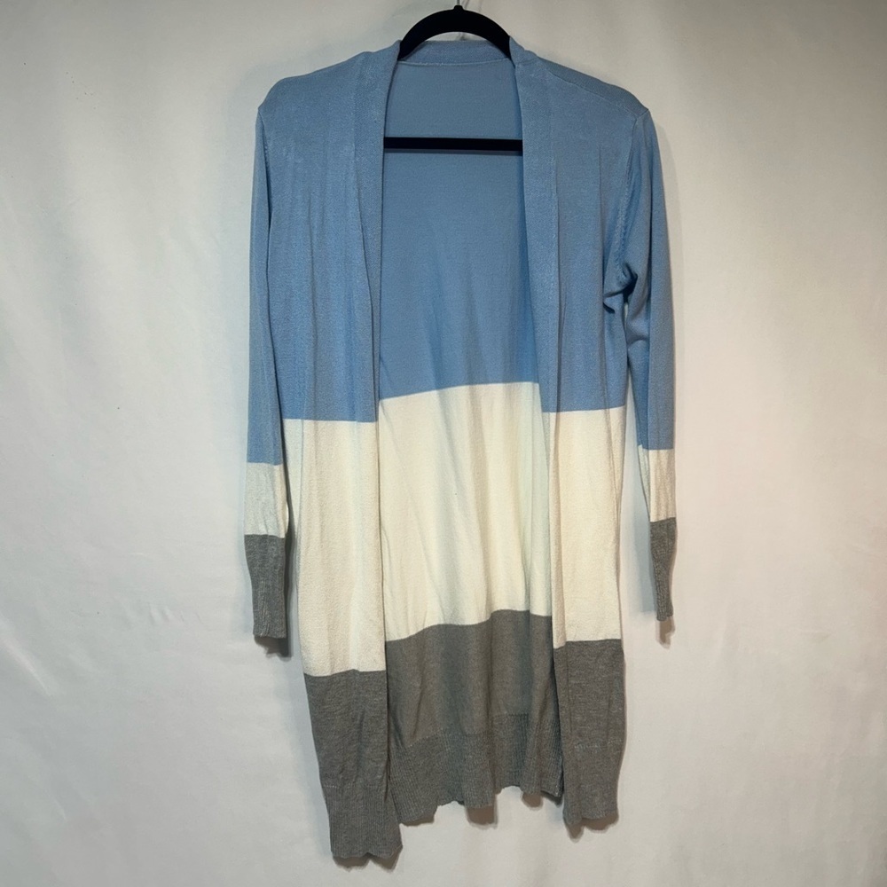 Womans colour block longline cardigan. Blue/gray/white. Size medium.